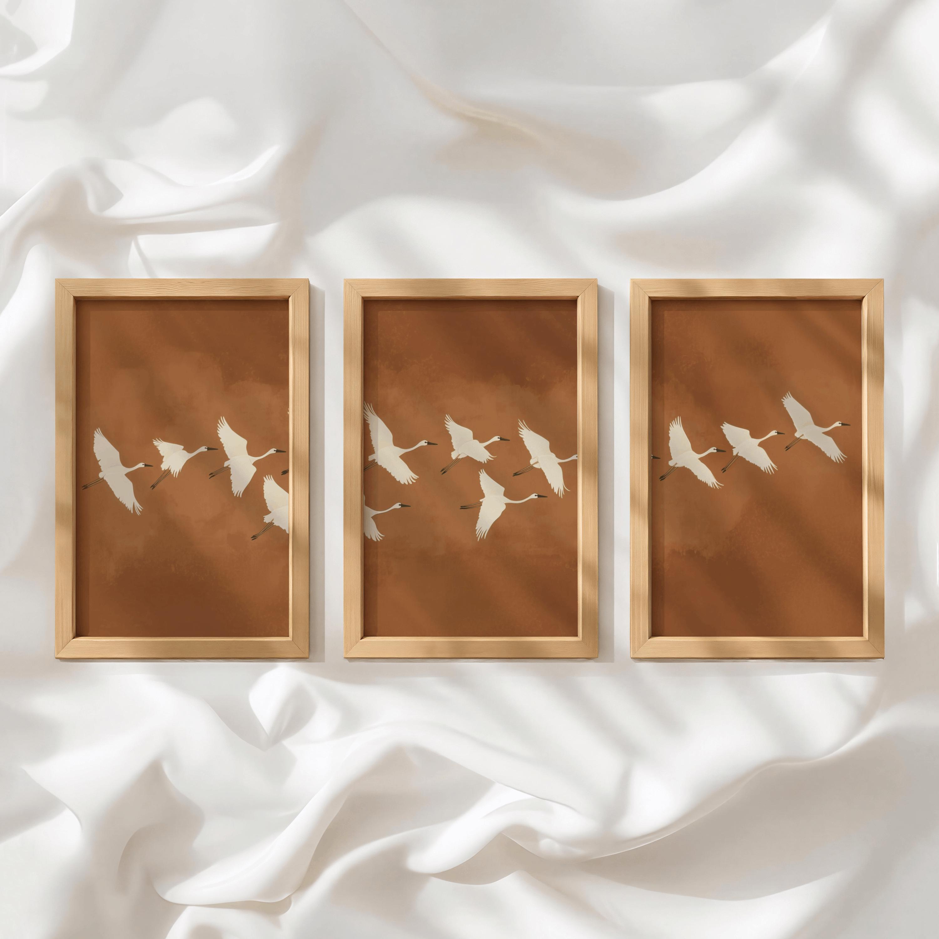 Japandi Crane Triptych: Earth Tone Bird Prints, Minimalist Wall