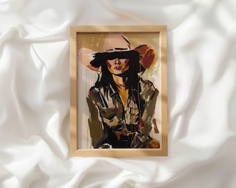 May include: A framed art print featuring an expressive, painterly portrait of a figure wearing a wide-brimmed hat. The artwork utilizes a palette of earthy browns, deep blacks, and muted ochre tones, with visible brushstrokes and drips.
