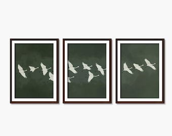 Trittico Gru Verde Scuro: Stampe artistiche minimaliste di uccelli di Japandi_269a