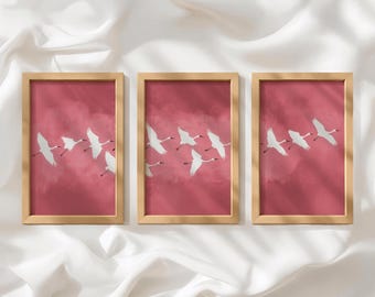 Puede incluir: Un conjunto de tres cuadros rectangulares con marcos de madera clara, cada uno con un fondo rosa intenso y siluetas blancas de aves en vuelo. Las aves aparecen en diversas posiciones, lo que genera una sensación de movimiento constante.