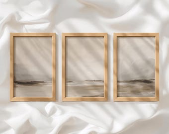 Beige Coastal Landscape Triptych: Minimalist Seascape Prints_412a