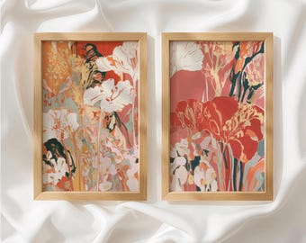 Coral Red Cream Flower Vase Set of 2 Prints, Botanical Decor, Diptych Wall Art, Unframed Wall Art for Living Room, Made to Order_873a