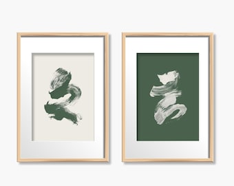 Dípticos abstractos japoneses: Arte mural moderno en beige y verde_668a