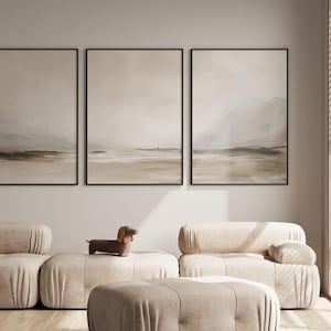 Set of 3 Beige Ocean Prints, Beach Waves Oil Painting, Coastal Landscape Poster, Neutral Coastal Printable Wall Art, Triptych Coastal Art