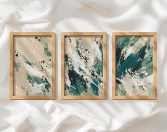 Beige Green Abstract Triptych Digital Download, Modern Splash Wall Art Set of 3, Boho Decor_600