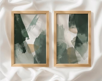 Sage Green Abstract Set Of 2 Wall Art: Olive & Cream Two Piece Prints, Earthy Modern Printable Gallery Wall Decor_020