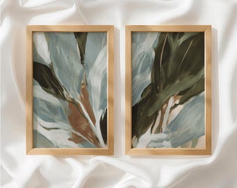 Sage Green Dusty Blue Botanical Set of 2 Prints, Oil Painting Style, Diptych Wall Art, Unframed Wall Art for Living Room, Made to Order_885a