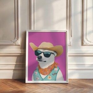 Cowboy Dog Art, Funky Western Art, Cowboy Hat Art, Cowgirl Print, Trendy Cowgirl Art, Black Dog Print, Country Aesthetic, Pastel Wall Art