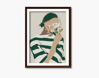 Stampa artistica di una donna verde smeraldo: elegante design floreale retrò (download digitale)_780