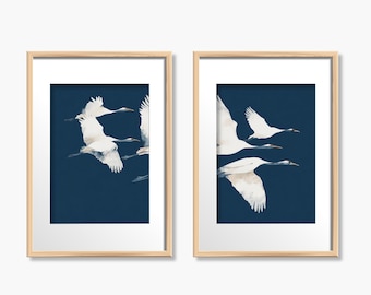 Crane Diptych Wall Art: Japandi Style Bird Prints, Set of 2_556a