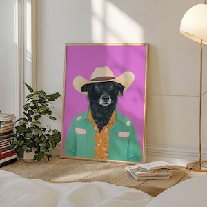 Cowboy Dog Art, Funky Western Art, Cowboy Hat Art, Cowgirl Print, Trendy Cowgirl Art, Black Dog Print, Country Aesthetic, Pastel Wall Art