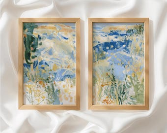 Sky Blue Cream Wildflower Set of 2 Prints, Oil Painting Style, Diptych Wall Art, Unframed Wall Art for Living Room, Made to Order_875a