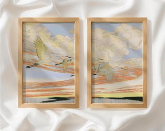 Cream Soft Blue Crane Set of 2 Prints, Japandi Decor, Diptych Wall Art, Unframed Wall Art for Living Room, Made to Order_883a