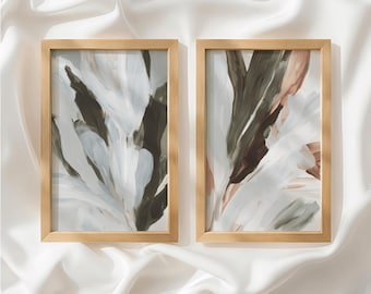 Cream Olive Green Botanical Set of 2 Prints, Oil Painting Style, Diptych Wall Art, Unframed Wall Art for Living Room, Made to Order_870a