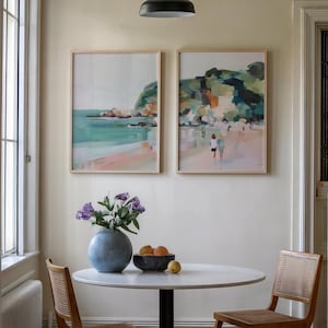 Abstract Green Seaside Diptych: Coastal Landscape Art Prints, Set of 2