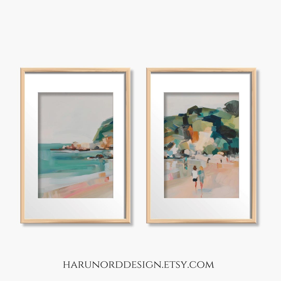 Abstract Seaside Landscape Diptych: Green Coastal Wall Art (digital ...