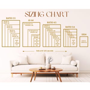 a wall with a large size chart that provides the dimensions of various couches in centimeters. The chart is divided into different sections representing different couch sizes, such as 2.3, 2.4, 2.5, and 3.4. The couch in the image is white and has a wooden coffee table in front of it.