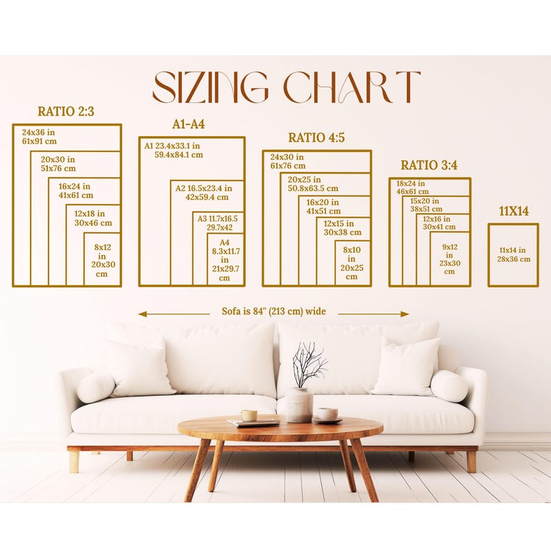 a wall with a large size chart that provides the dimensions of various couches in centimeters. The chart is divided into different sections representing different couch sizes, such as 2.3, 2.4, 2.5, and 3.4. The couch in the image is white and has a wooden coffee table in front of it.
