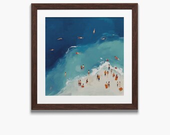 Aerial Beach Scene Blue Ocean Print, Swimmers Summer Wall Art_632sq
