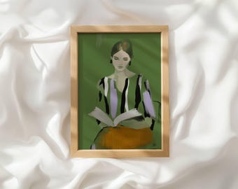 Illustrazione di una donna che legge un libro: stampa moderna verde per gli amanti dei libri_808
