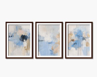 Conjunto de 3 impressões abstratas minimalistas em azul e bege, arte digital para download, decoração tríptica moderna
