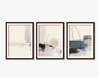 抽象的な三連画のウォールアートデジタルダウンロード、黒、ベージュ、青のミニマリストプリント3枚セット_525