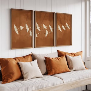 3er Set Kranich Poster, Vogel Poster, Japanisches Poster, Orange Wandkunst, Japandi Wandkunst, Abstrakte Moderne Kunst, Japanische Drucke