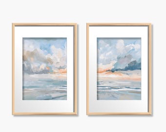 Conjunto de impresiones de olas del océano: Paisaje costero azul, díptico pastel (descarga digital)_406