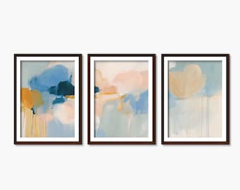 Tríptico abstracto azul y naranja: Arte mural minimalista moderno_511a
