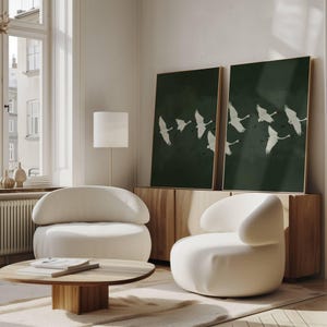 Dark Green Crane Wall Art Set of 2 - Japandi Diptych Poster Print, Minimalist Bird Decor, Large Printed Wall Art for Living Room or Bedroom