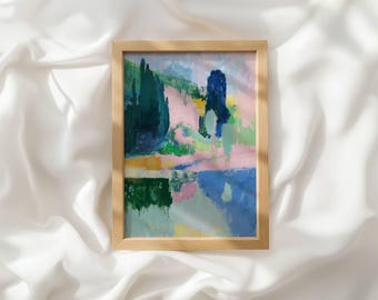 Colorful Abstract Landscape Wall Art: Impressionist Lake Print, Pastel Blue Pink Green Modern Printable Decor_045