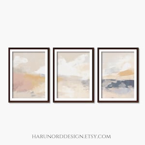 Abstrakcyjne wydruki tryptyku krajobrazowego: beżowo-różowo-niebieski, minimalistyczny obraz ścienny_543a