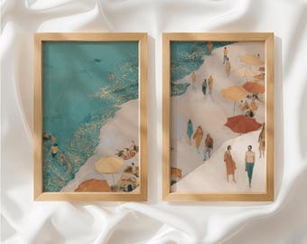 Teal Cream Beach Set of 2 Prints, Coastal Decor, Diptych Wall Art, Unframed Wall Art for Living Room, Made to Order_861a