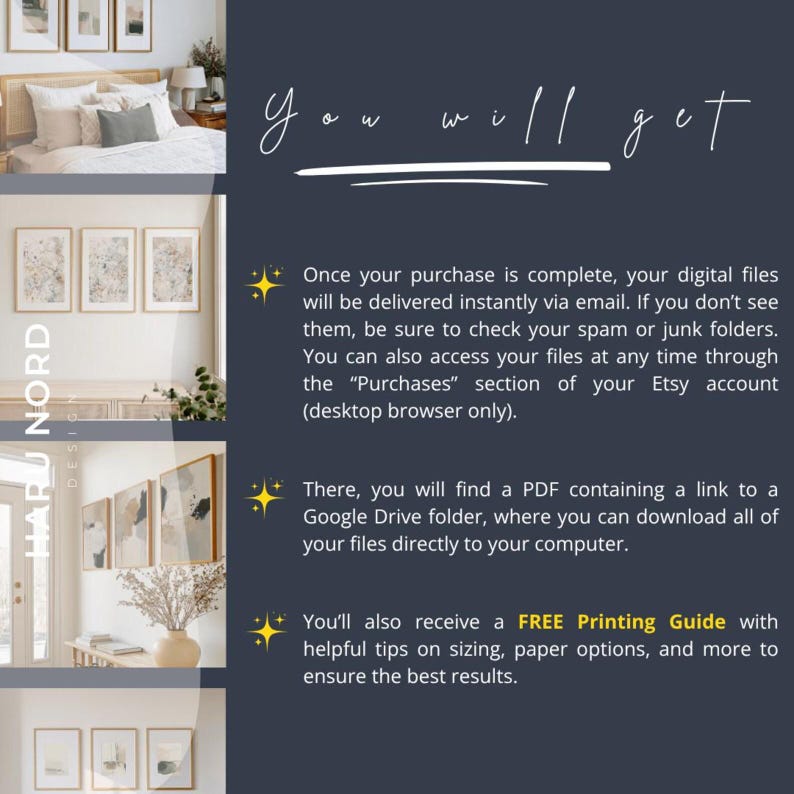 May include: A digital art print product listing with a dark blue background and white text that reads "You will get". The image shows framed art prints in a bedroom and living room setting. The listing includes information about digital file delivery and a free printing guide.