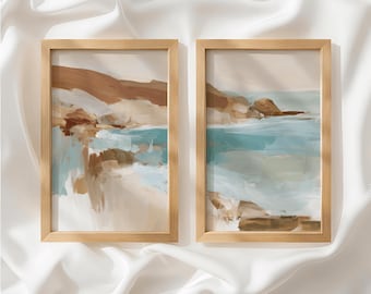Sandy Beige Turquoise Beach Set of 2 Prints, Coastal Decor, Diptych Wall Art, Unframed Wall Art for Living Room, Made to Order_879a