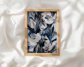Blue and White Floral Art Print: Abstract Botanical Wall Decor (Digital Download)_380