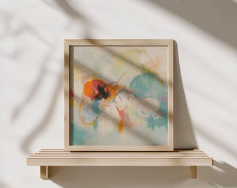 Teal Orange Abstract Expressionist Print, Colorful Floral Wall Art_395sq
