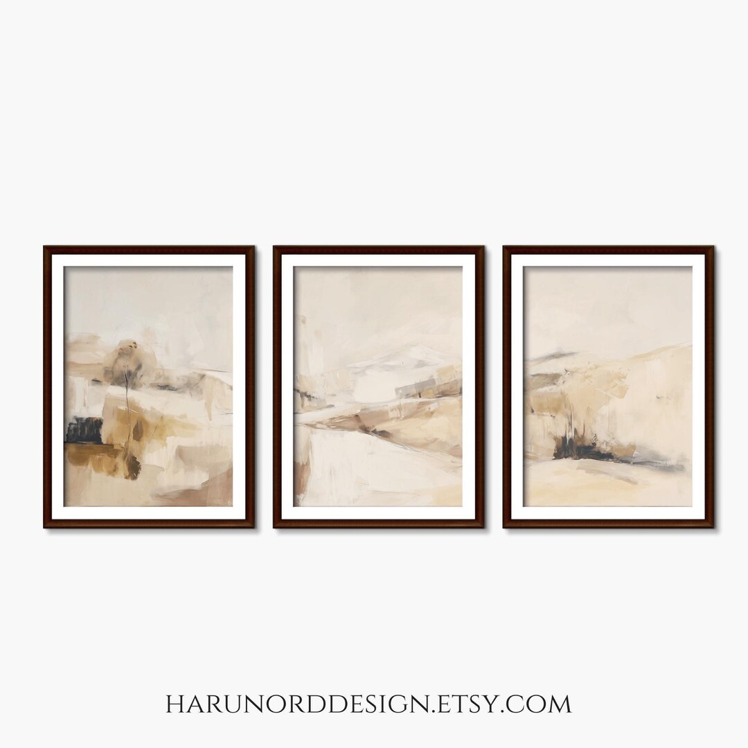 Beige Abstract Landscape Triptych: Minimalist Neutral Wall Art (digital ...