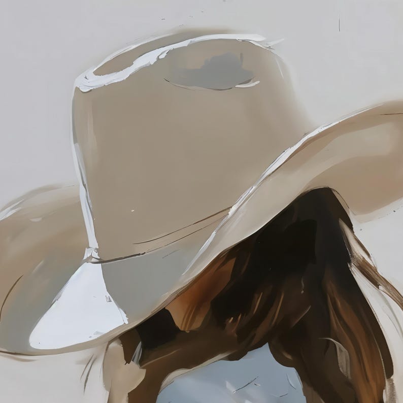 Pode incluir: Uma pintura abstrata de um chap&eacute;u de cowboy bege com uma borda branca. O chap&eacute;u est&aacute; ligeiramente inclinado, e a pintura captura a textura e a forma do chap&eacute;u. O fundo &eacute; uma cor suave e neutra.