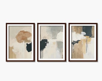 Tríptico abstracto: Arte mural minimalista en beige y negro (descarga digital)_503