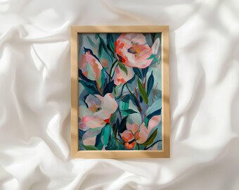 Colorful Floral Wall Art: Pink & Teal Flower Painting Print, Abstract Botanical Decor, Modern Bedroom Printable Art_036