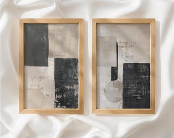 Neutral Abstract Set Of 2 Wall Art: Beige & Black Minimalist Prints, Modern Two Piece Printable Gallery Wall Decor_019