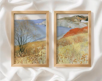 Golden Ochre Dusty Blue Wildflower Set of 2 Prints, Boho Decor, Diptych Wall Art, Unframed Wall Art for Living Room, Made to Order_878a