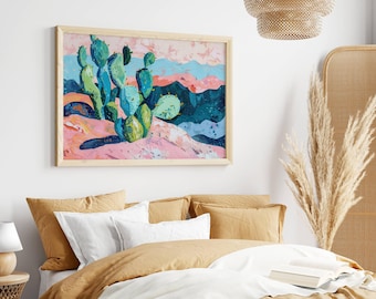 Stampa artistica con paesaggio desertico di cactus colorati: arredamento per la casa del sud (download digitale)