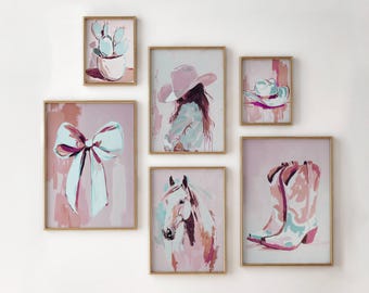 Set of 6 Coastal Cowgirl Wall Art Prints: Pink Western Decor (Digital Download)