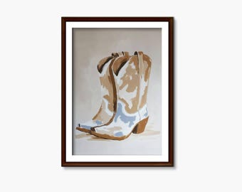 Arte mural de estilo western con estampado de botas de vaquera, decoración infantil en tonos azul y beige, arte para habitación de niñas_211a