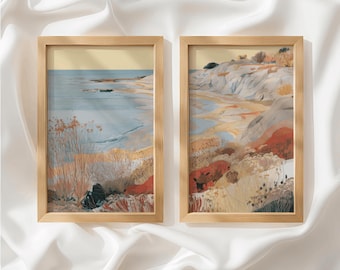 Sandy Beige Dusty Blue Mountain Set of 2 Prints, Coastal Decor, Diptych Wall Art, Unframed Wall Art for Living Room, Made to Order_863a