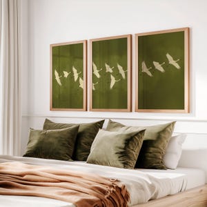 Juego de 3 carteles de grullas, carteles de pájaros, carteles japoneses, arte mural verde, arte mural japonés, arte abstracto moderno, impresiones japonesas