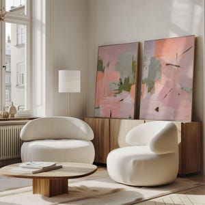 Conjunto de 2 impresiones abstractas, arte mural rosa y verde, arte abstracto minimalista, arte mural colorido, arte mural abstracto en tonos pastel, descarga digital