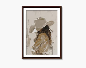 Arte de parede com temática country: Impressão abstrata de retrato western, pintura neutra de chapéu de cowboy, decoração moderna para fazenda.